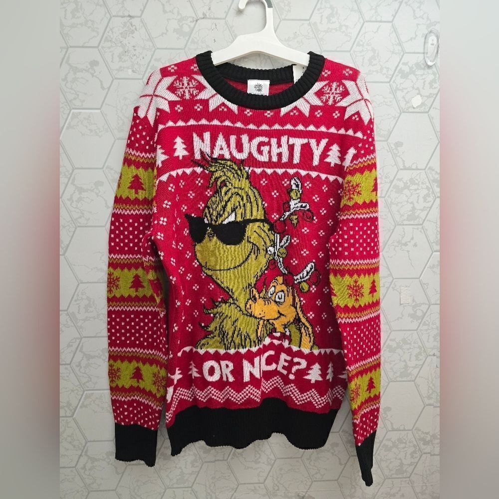 Nwt Men's Dr. Suess The Grinch Ugly Sweater Christmas Naughty or Nice?